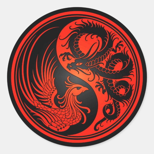 Red and Black Dragon Phoenix Yin Yang Runder Aufkleber (Vorderseite)