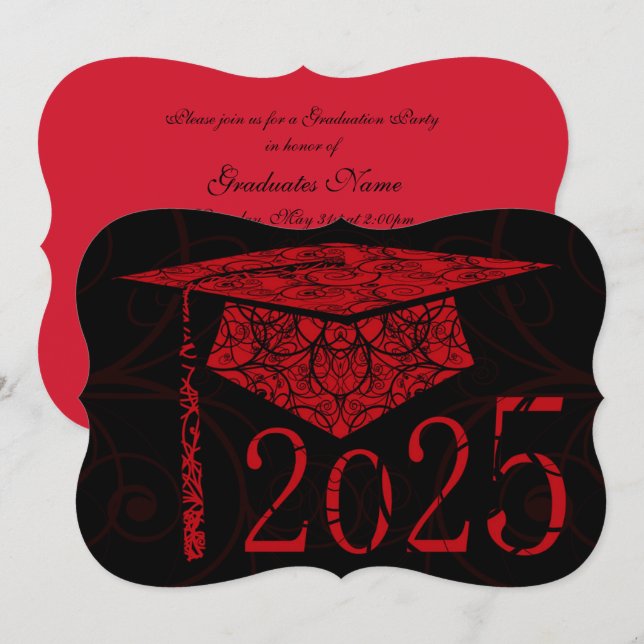 Red and Black Floral Cap 2025 Graduation Party Einladung (Vorne/Hinten)