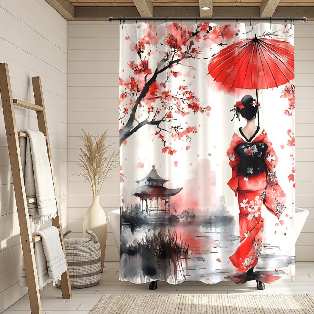 Red and Black Floral Geisha | Duschvorhang (Von Creator hochgeladen)