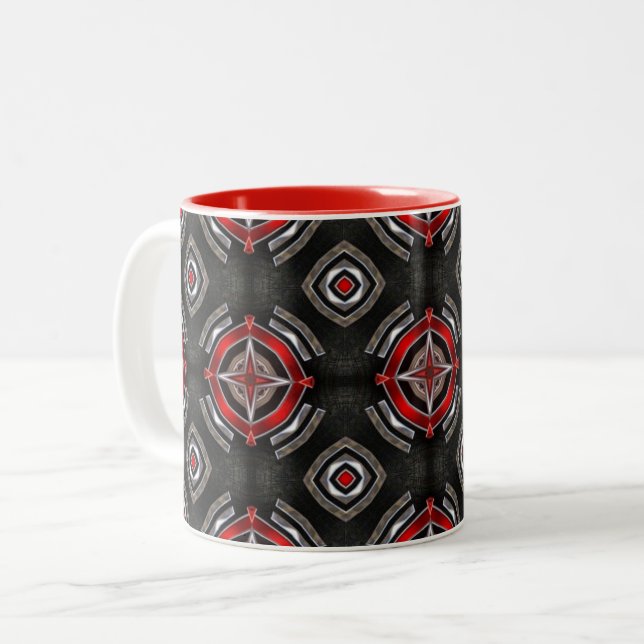 Red and Black Geometric Pattern Zweifarbige Tasse (Vorderseite Links)