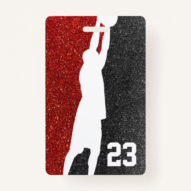 Red and Black Glitzer Basketball Team Jersey Ausweis (Vorderseite)