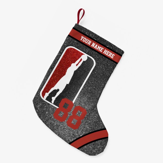 Red and Black Glitzer Basketball Team Jersey Kleiner Weihnachtsstrumpf (Vorderansicht (hängend))