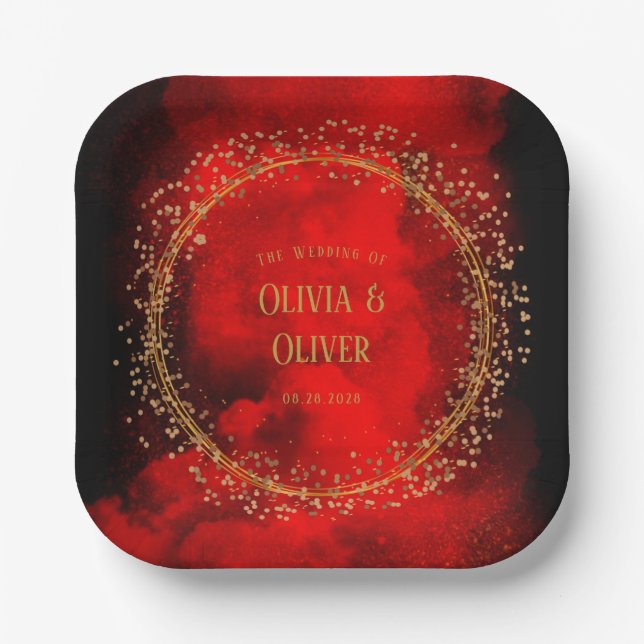 Red and Black Gold Geometric Glitzer Wedding Pappteller (Vorderseite)