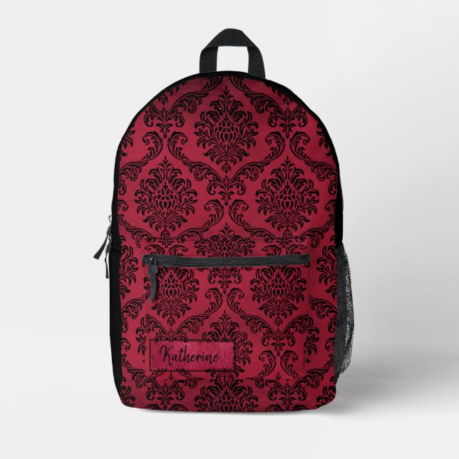 Red and Black Goth Damask Muster Personalisiert Bedruckter Rucksack (Vorderseite)