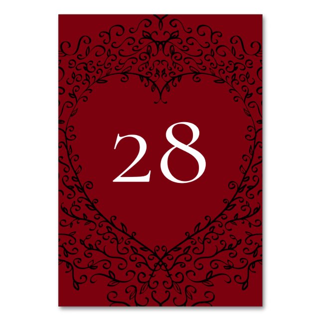 Red and Black Heart Gothic Wedding Table Number Tischnummer (Vorderseite)