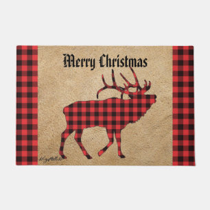 Red and Black Kariert Bull Elk Christmas Doormat Fußmatte