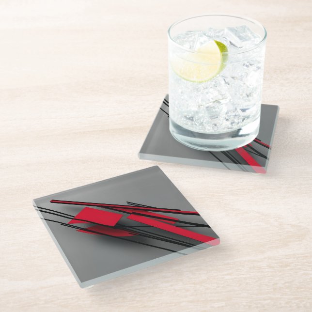  Red and Black Minimalist Modern Abstract Glasuntersetzer (Schrägansicht)