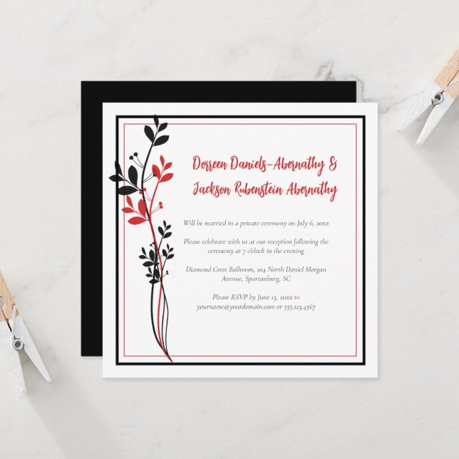 Red and Black Modern Botanical Reception Only | Einladung (Vorderseite/Rückseite Beispiel)