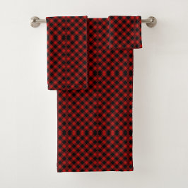 Red and black plaid towels hang on a silver towel badhandtuch set