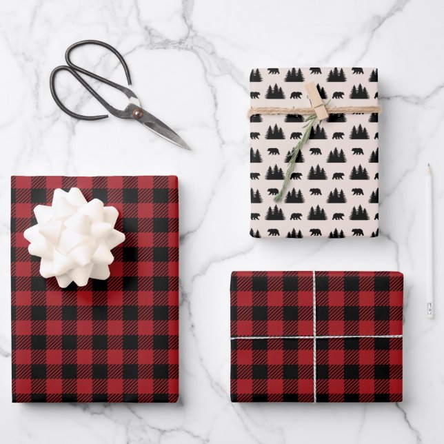 Red and Black Plaid Woodland Geschenkpapier Set (Vorderseite)