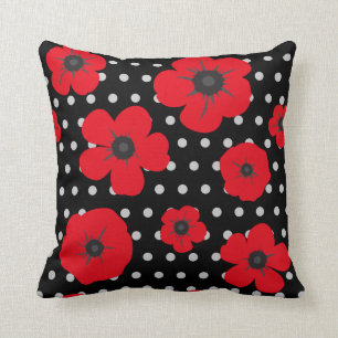 Red and Black Poppy and Polka Dot Pattern Kissen