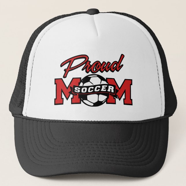 Red and Black Proud Soccer Mama Truckerkappe (Vorderseite)