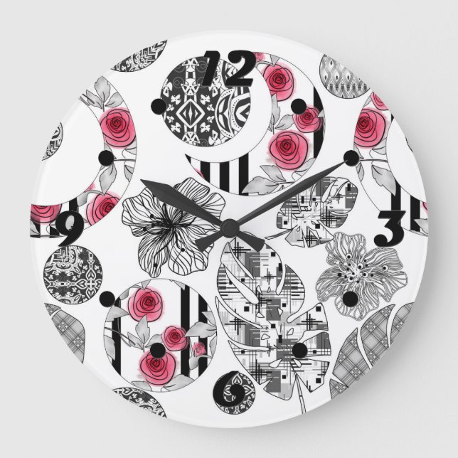 Red and Black, Quilting ,Patchwork, Rustic, Modern Große Wanduhr (Vorderseite)
