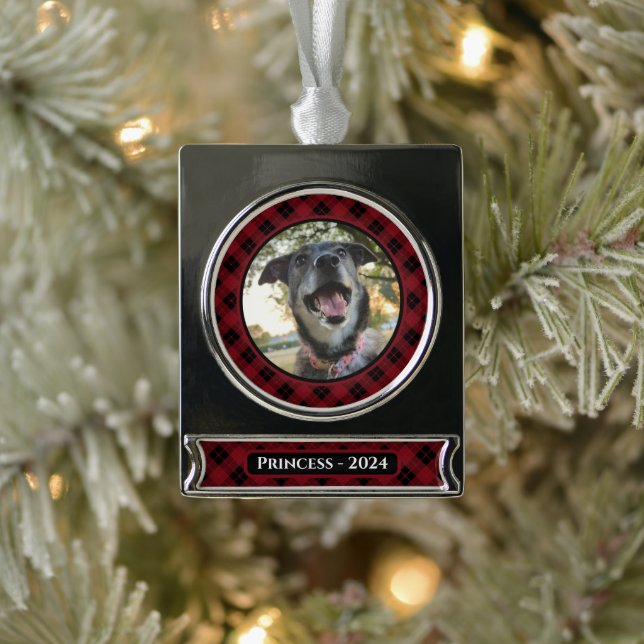 Red and Black Tartan Kariert Dog Foto Weihnachten Banner-Ornament Silber (Baum)