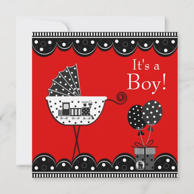 Red and Black Train Baby Boy Dusche Einladung (Vorderseite)