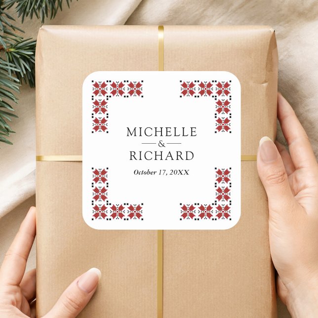 Red and Black Ukrainian Embroidery Wedding Quadratischer Aufkleber (Von Creator hochgeladen)