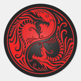 Red and Black Yin Yang Dragons Runder Aufkleber