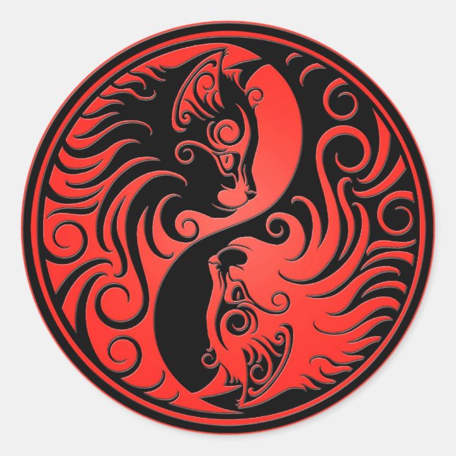 Red and Black Yin Yang Kittens Runder Aufkleber (Vorderseite)