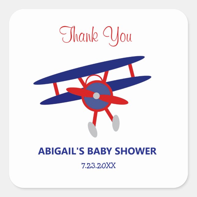Red and Blue Airplane Babydusche Quadratischer Aufkleber (Vorderseite)