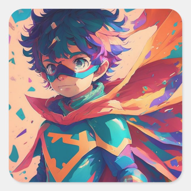 Red and Blue Anime Superhero Boy mit Cape Quadratischer Aufkleber (Vorderseite)