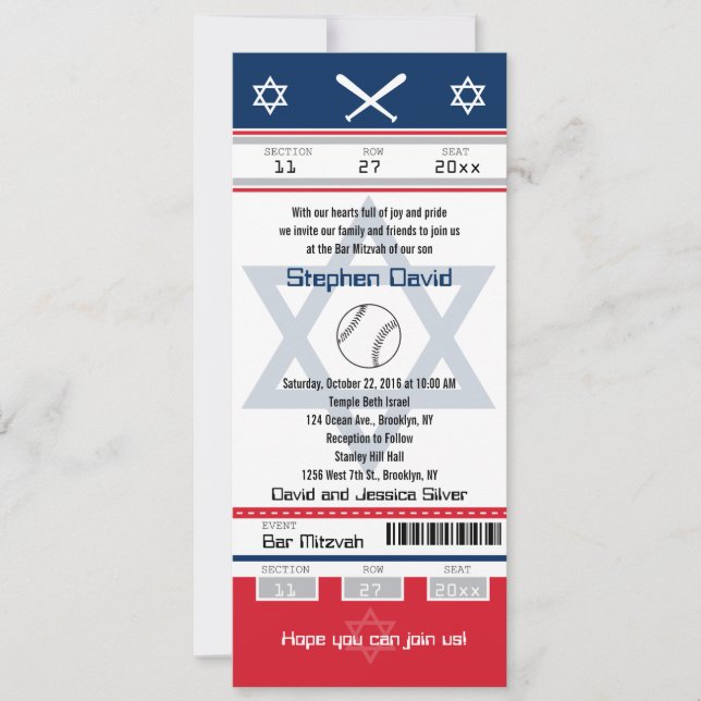 Red and Blue Bar Mitzvah Baseball Ticket Einladung (Vorderseite)