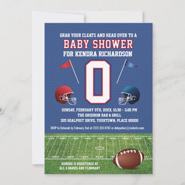 Red and Blue Football Baby Dusche Einladung (Vorderseite)