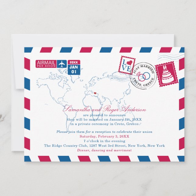 Red and Blue Greece Airmail Post Wedeption Einladung (Vorderseite)
