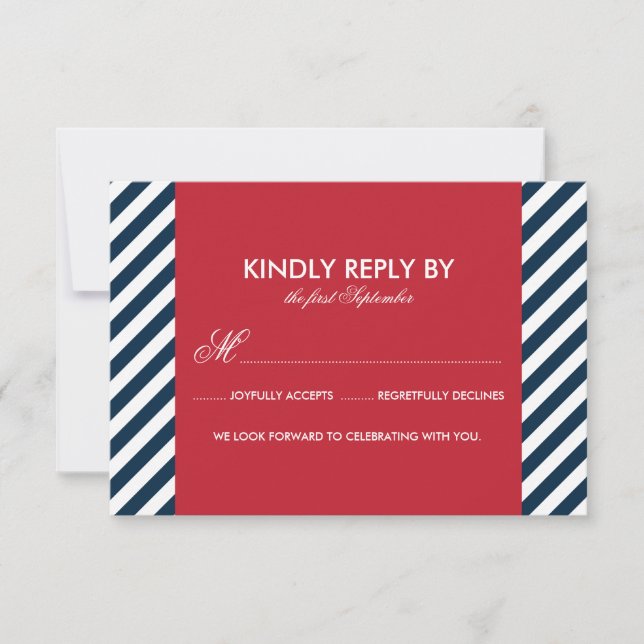 Red and Blue Nautical Stripes Wedding RSVP Card (Vorderseite)