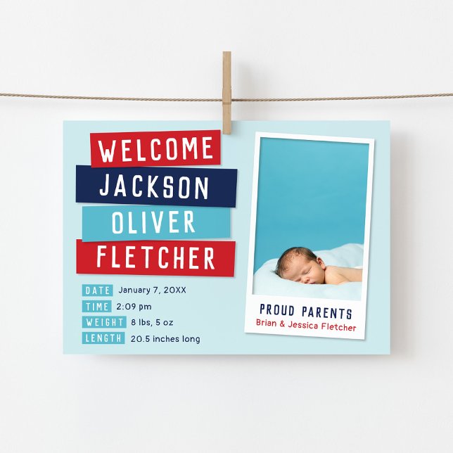 Red and Blue Snapshot Magnetic Birth Announction Magneteinladung (Von Creator hochgeladen)