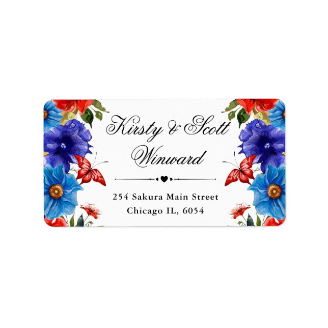 Red and Blue Summer Blume Adressaufkleber (Vorne)