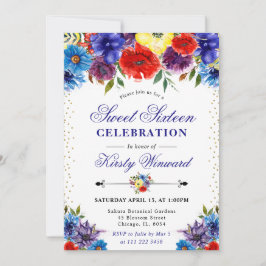 Red and Blue Summer Boho Blume 16 . Geburtstag Einladung