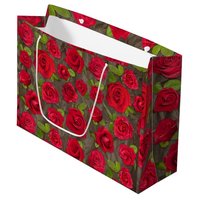 Red And Dark Pink Floral Roses Pattern Große Geschenktüte (Vorderseite Schrägansicht)