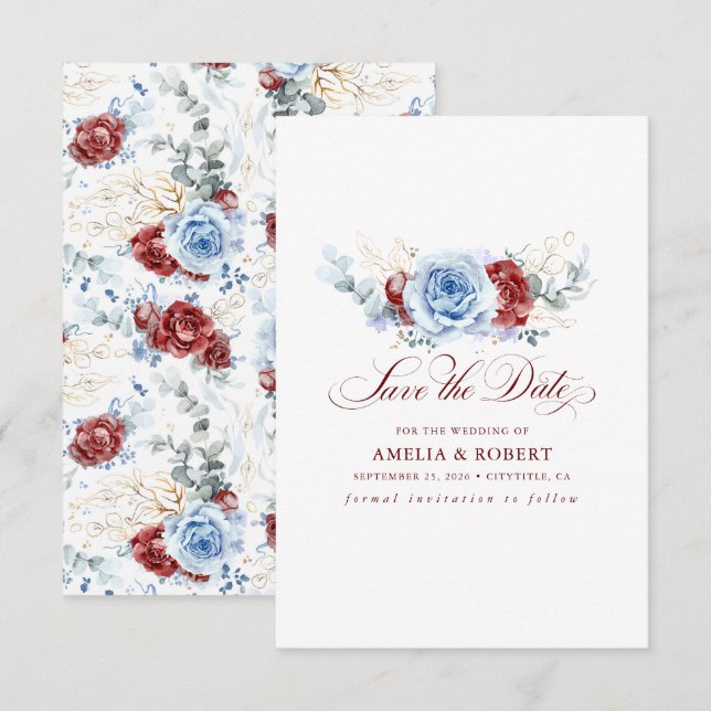 Red and Dusty Blue Floral Save the Date (Devant / Derrière)