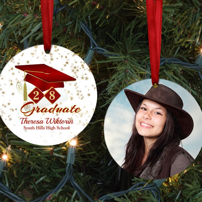 Red and Gold 20xx Graduate Foto Keramik Ornament (Red and Gold Graduate Photo Ceramic Ornament)