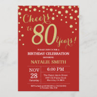 Red and Gold 80th Birthday Diamond Invitation