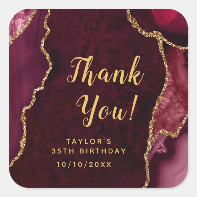 Red and Gold Agate Birthday Vielen Dank Quadratischer Aufkleber (Vorderseite)