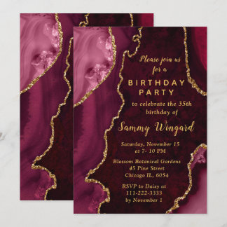 Red and Gold Agate Marble Birthday Party Einladung