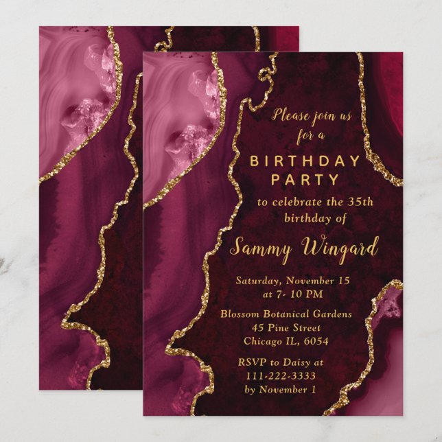 Red and Gold Agate Marble Birthday Party Einladung (Vorne/Hinten)