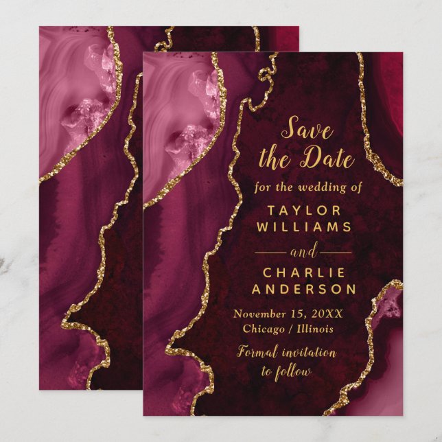 Red and Gold Agate Marble Save The Date Einladung (Vorne/Hinten)