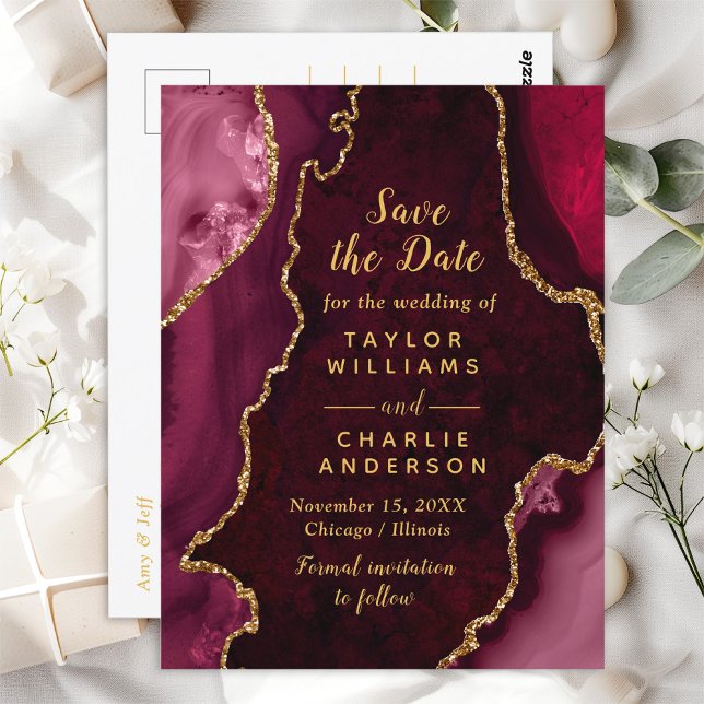 Red and Gold Agate Marble Save the Date Postkarte (Von Creator hochgeladen)