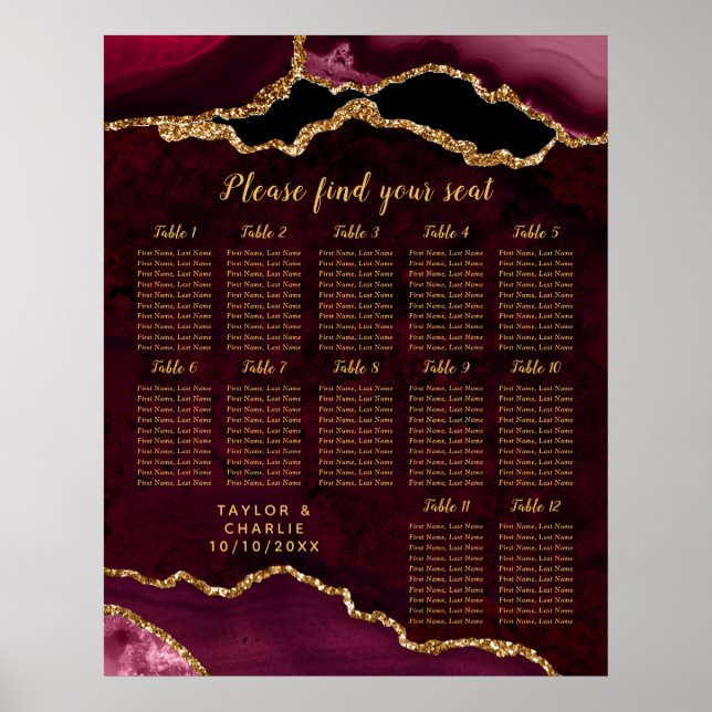 Red and Gold Agate Wedding Seating Chart Poster (Vorne)