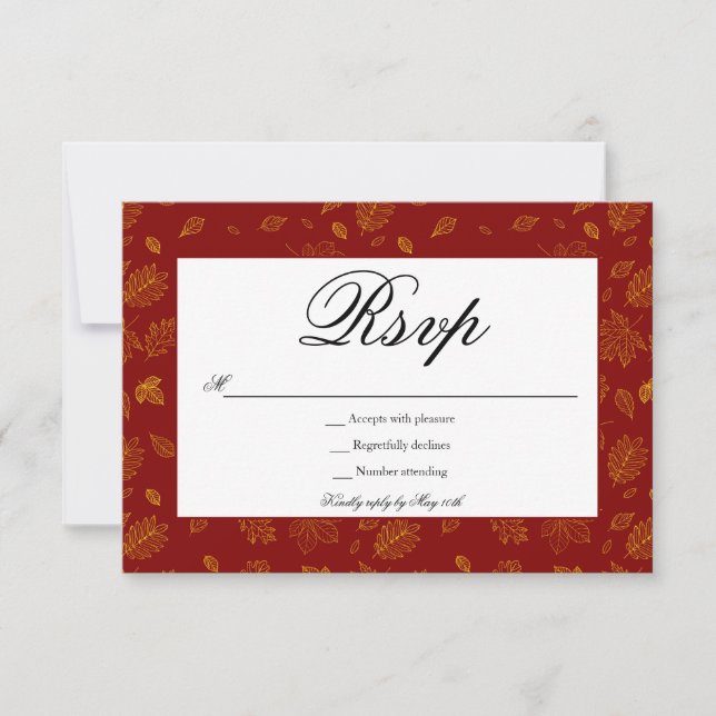 Red and Gold Blätter RSVP Card Karte (Vorderseite)