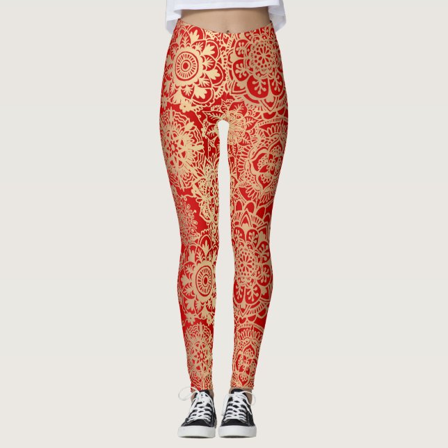 Red and Gold Boho Mandala Pattern Yoga Leggings (Vorderseite)