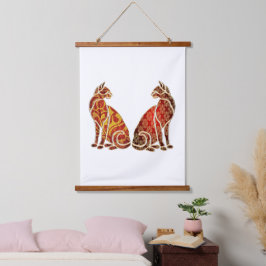 Red and Gold Cat Couple Wandteppich Mit Holzrahmen