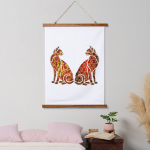 Red and Gold Cat Couple Wandteppich Mit Holzrahmen