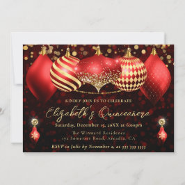 Red and Gold Christmas Baubles Quinceanera Einladung