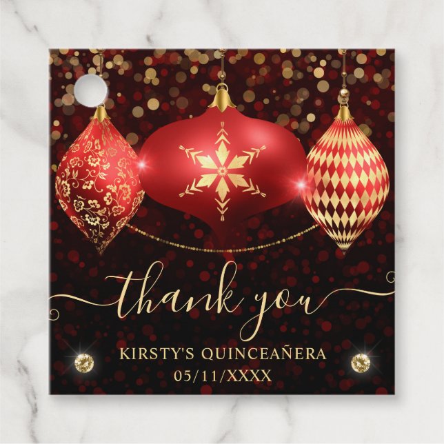 Red and Gold Christmas Baubles Quinceanera Geschenkanhänger (Vorderseite)