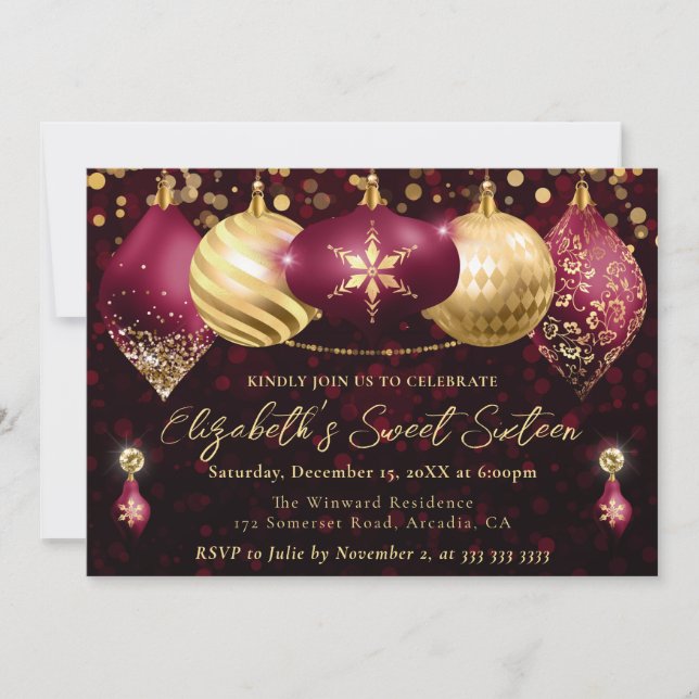 Red and Gold Christmas Baubles Sweet 16 Einladung (Vorderseite)