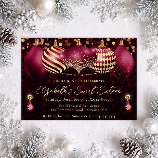 Red and Gold Christmas Baubles Sweet 16 Einladung (Von Creator hochgeladen)