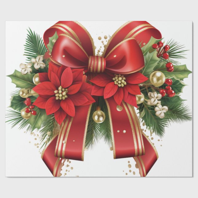 Red and Gold Christmas Bow Festival Geschenkpapier (Flach)